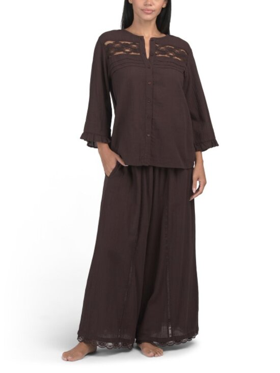 SAATVIK Pants - SAATVIK 2pc Gauze Lace Button Down Top And Wide Leg Pants Lounge Set